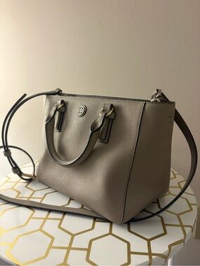 Tory Burch Taupe Robinson Leather Satchel with Gold Logo